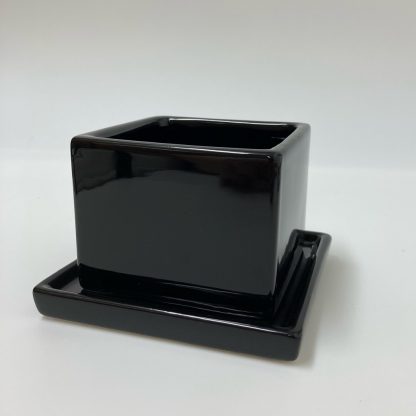 日本製シンプル四角ブラック黒陶器おしゃれ植木鉢受け皿アレンジ盆栽斜斜め上