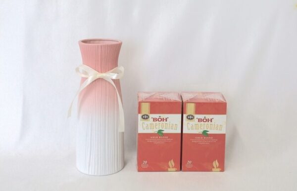 【ギフトセット】北欧風　陶器花瓶とBOHティー　ティーバッグ２箱　ホワイト　チェリーライン